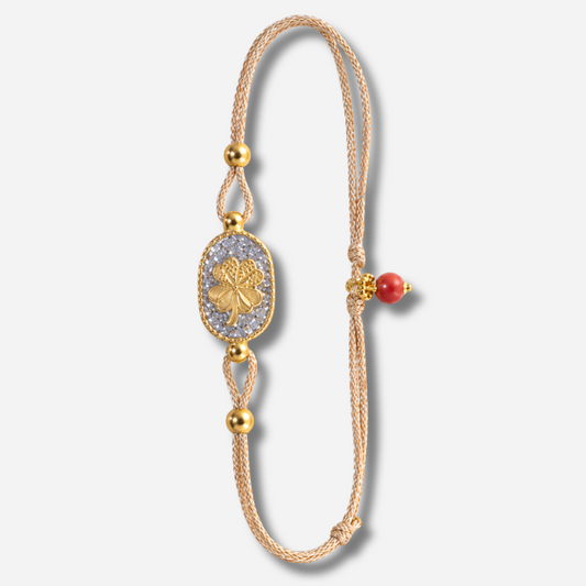 Bracelet Nonza Trèfle Argent Amadrina Corse avec médaillon argenté pailleté et trèfle doré
