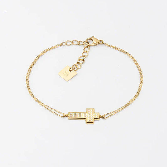 Bracelet Ondine ZAG en acier doré avec croix pavée de zirconiums