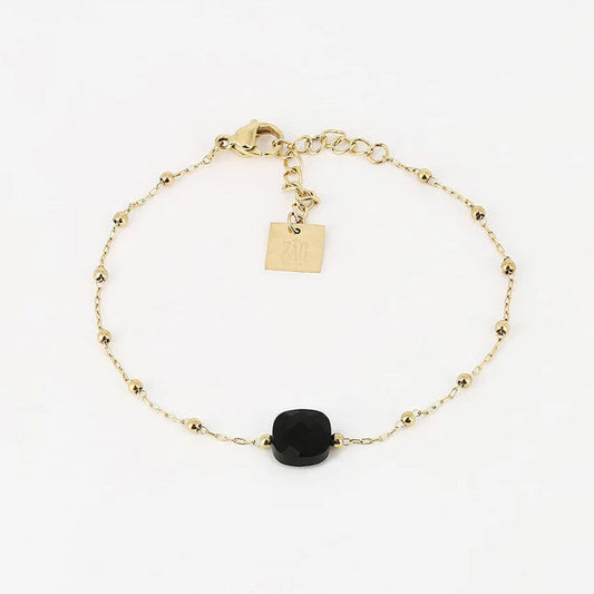 Bracelet Pablo ZAG en acier doré avec perles dorées et pierre noire facettée