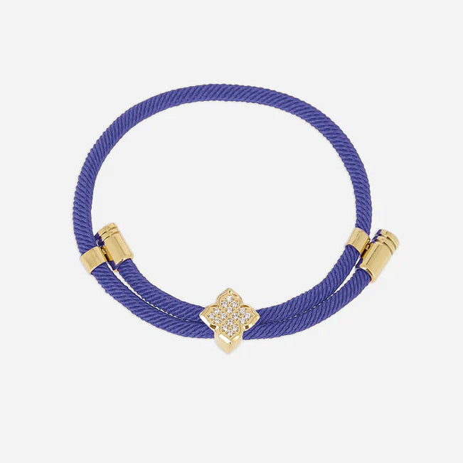 Bracelet Rezza ZAG en acier inoxydable doré avec motif trèfle serti de zirconiums et cordon coloré