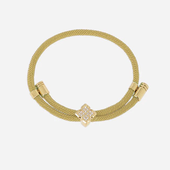 Bracelet Rezza ZAG en acier inoxydable doré avec motif trèfle serti de zirconiums et cordon coloré