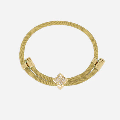 Bracelet Rezza ZAG en acier inoxydable doré avec motif trèfle serti de zirconiums et cordon coloré