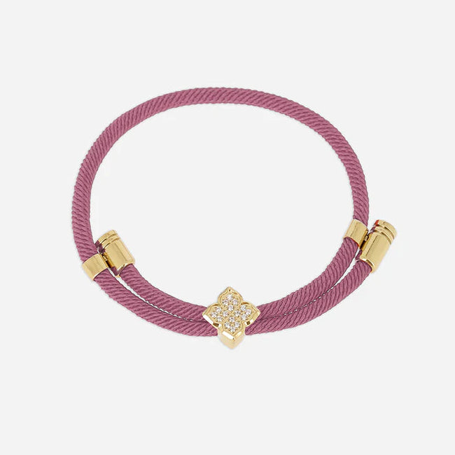 Bracelet Rezza ZAG en acier inoxydable doré avec motif trèfle serti de zirconiums et cordon coloré