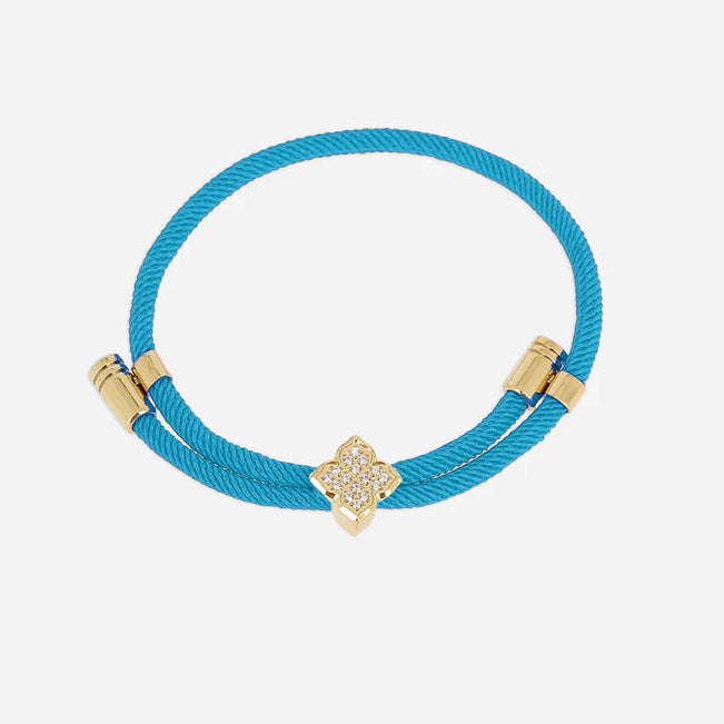 Bracelet Rezza ZAG en acier inoxydable doré avec motif trèfle serti de zirconiums et cordon coloré