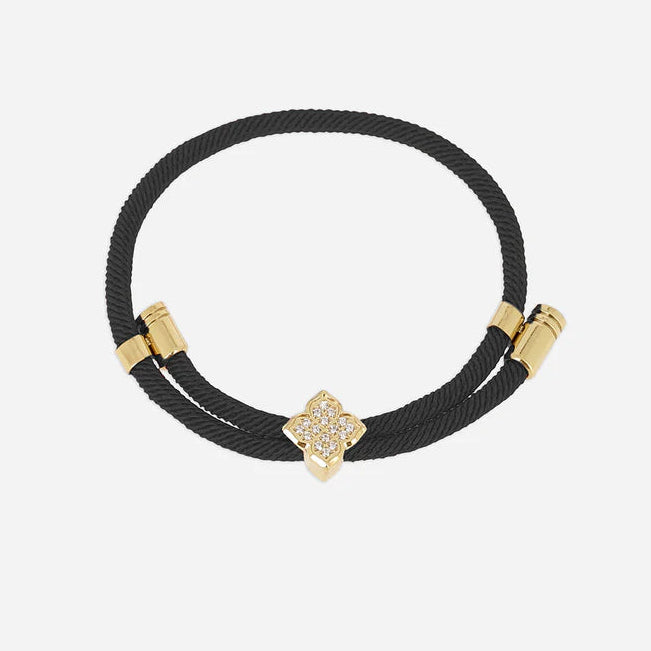 Bracelet Rezza ZAG en acier inoxydable doré avec motif trèfle serti de zirconiums et cordon coloré
