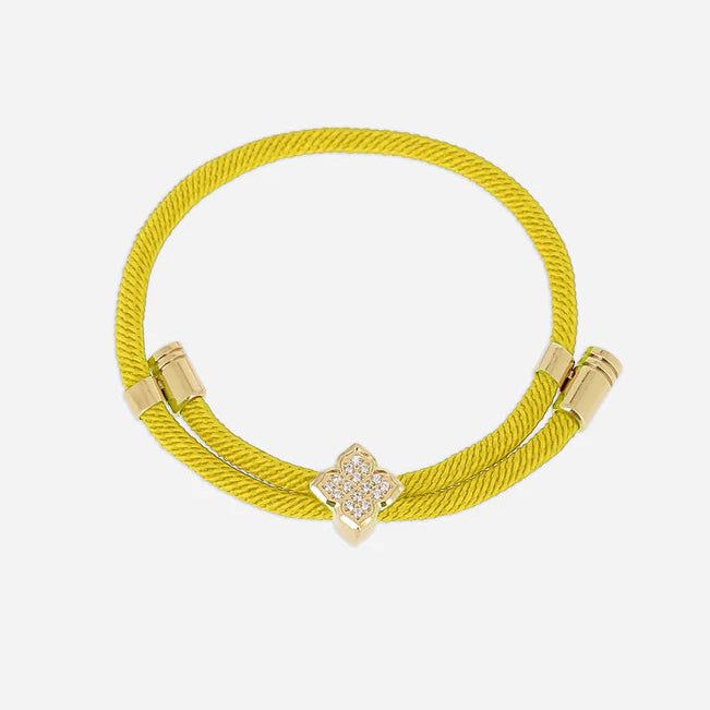 Bracelet Rezza ZAG en acier inoxydable doré avec motif trèfle serti de zirconiums et cordon coloré