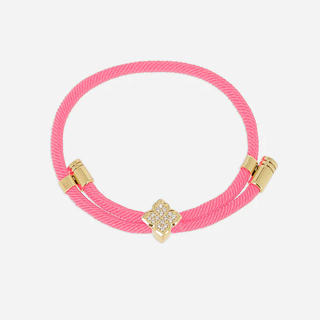 Bracelet Rezza ZAG en acier inoxydable doré avec motif trèfle serti de zirconiums et cordon coloré