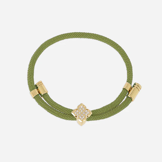 Bracelet Rezza ZAG en acier inoxydable doré avec motif trèfle serti de zirconiums et cordon coloré