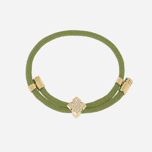 Bracelet Rezza ZAG en acier inoxydable doré avec motif trèfle serti de zirconiums et cordon coloré