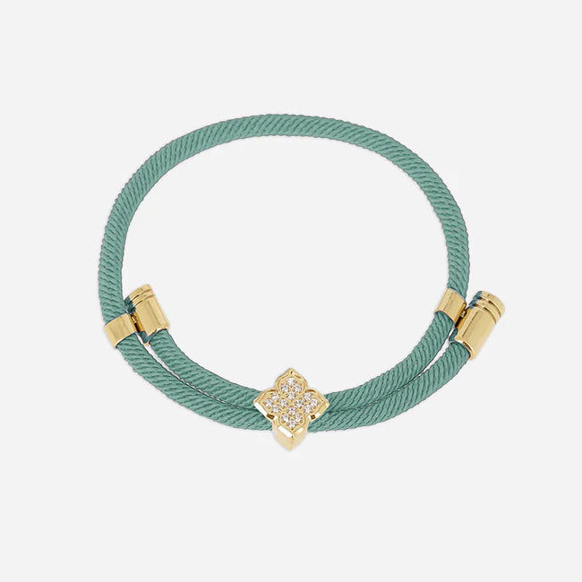Bracelet Rezza ZAG en acier inoxydable doré avec motif trèfle serti de zirconiums et cordon coloré