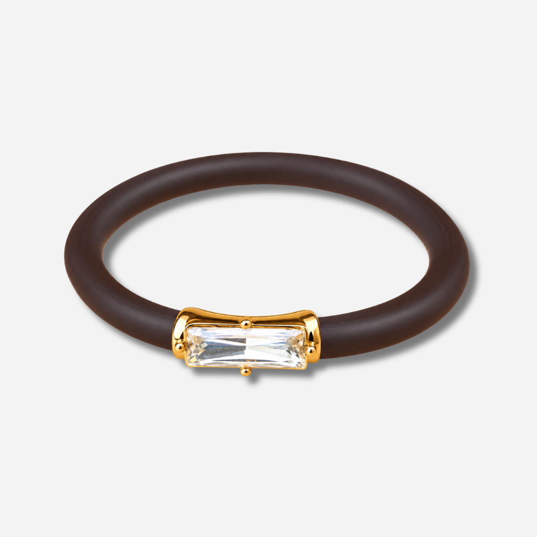 Bracelet Riva Blanc avec cristal rectangulaire facetté, monture dorée et bracelet marron
