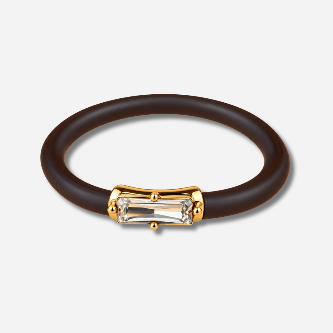 Bracelet Riva Champagne avec cristal rectangulaire facetté, monture dorée et bracelet marron