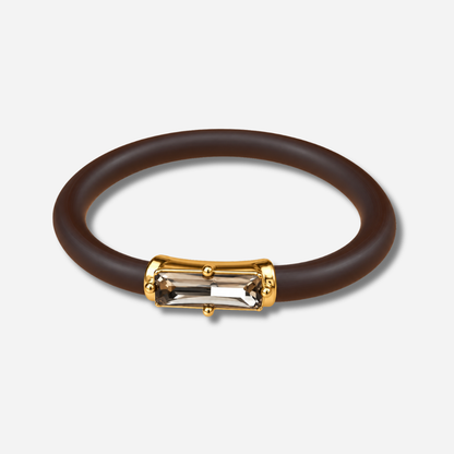 Bracelet Riva Kaki avec cristal rectangulaire facetté, monture dorée et bracelet marron