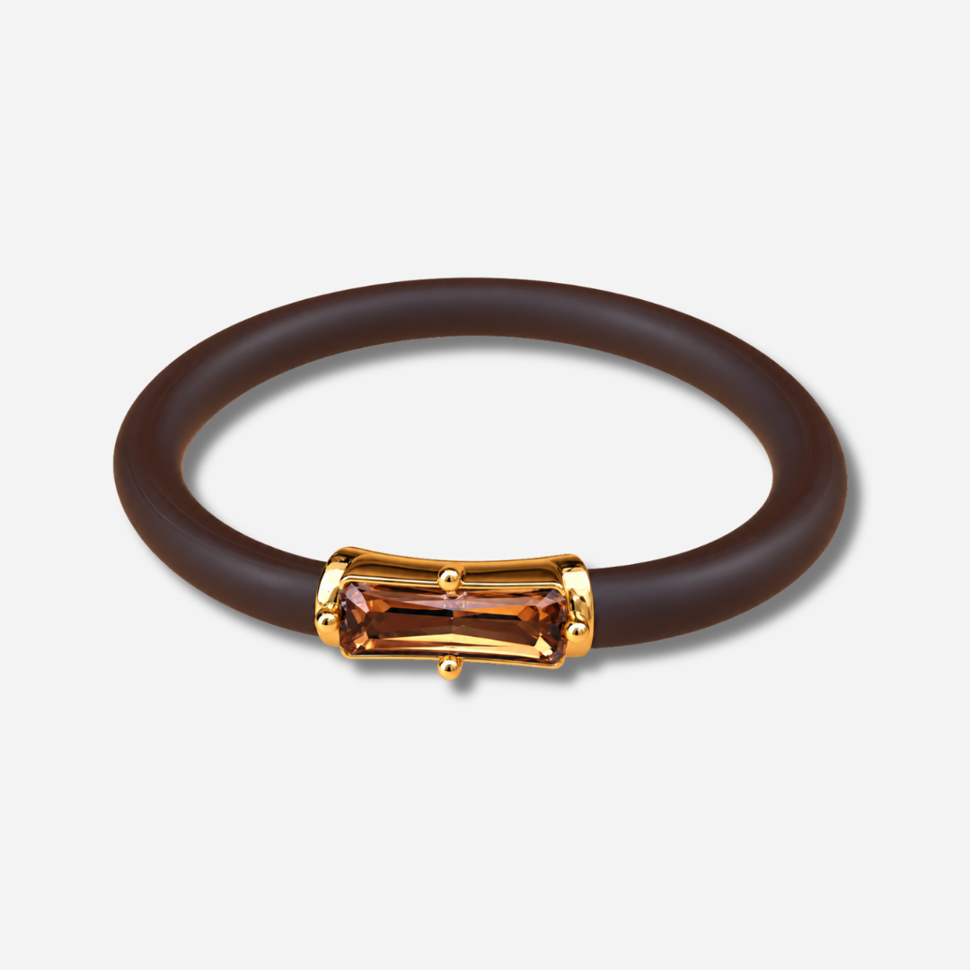 Bracelet Riva Marron avec cristal rectangulaire facetté marron, monture dorée et bracelet marron