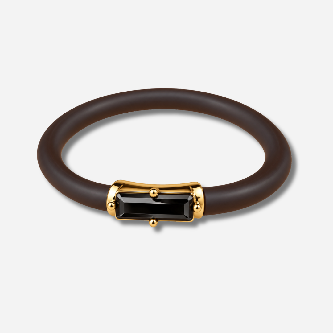 Bracelet Riva Noir avec cristal rectangulaire noir facetté, monture dorée et bracelet marron