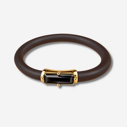 Bracelet Riva Noir avec cristal rectangulaire noir facetté, monture dorée et bracelet marron