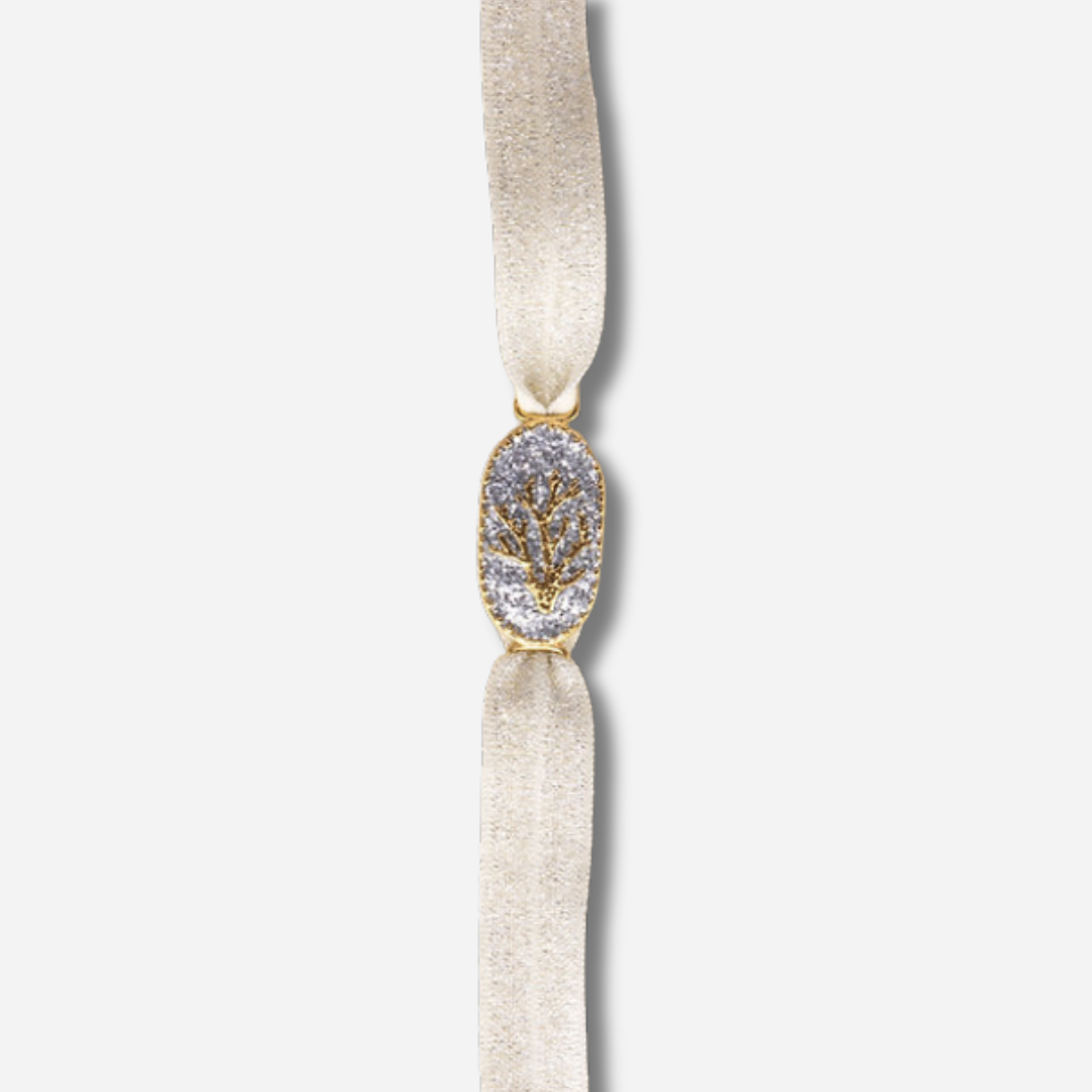 Bracelet Saleccia Corail Argent Amadrina sur ruban réglable avec corail doré, pavage de paillettes argentées et perle de corail naturelle