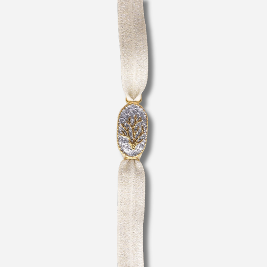 Bracelet Saleccia Corail Argent Amadrina sur ruban réglable avec corail doré, pavage de paillettes argentées et perle de corail naturelle