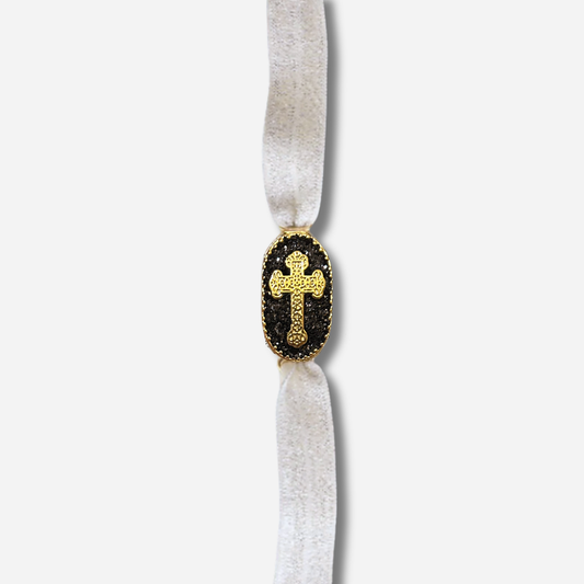 Bracelet Saleccia Croix Noir Amadrina Corse avec médaillon noir pailleté et croix dorée
