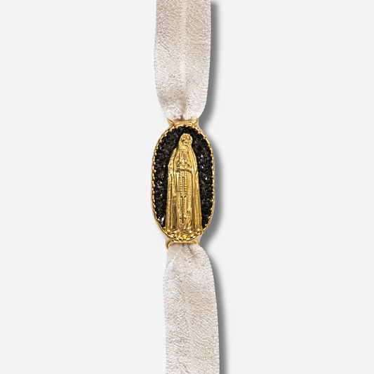 Bracelet Saleccia Madone Noir Amadrina Corse avec médaillon noir pailleté et Madone dorée

