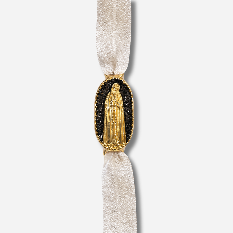 Bracelet Saleccia Madone Noir Amadrina Corse avec médaillon noir pailleté et Madone dorée
