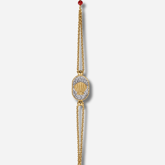 Bracelet Santa Giulia Coquillage Argent Amadrina en acier inoxydable doré à l'or fin 18K avec coquillage doré, pavage de paillettes argentées et perle de corail naturelle