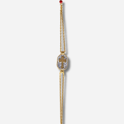 Bracelet Santa Giulia Croix Argent Amadrina en acier inoxydable doré à l'or fin 18K avec croix dorée, pavage de paillettes argentées et perle de corail naturelle