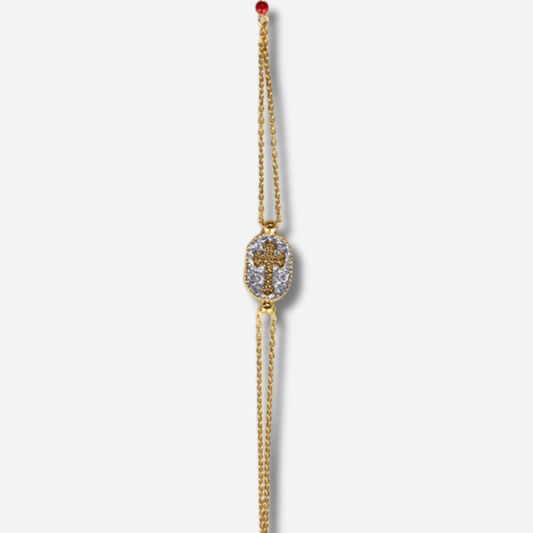 Bracelet Santa Giulia Croix Argent Amadrina en acier inoxydable doré à l'or fin 18K avec croix dorée, pavage de paillettes argentées et perle de corail naturelle