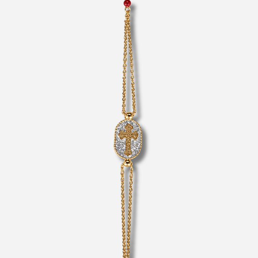 Bracelet Santa Giulia Croix Argent Amadrina en acier inoxydable doré à l'or fin 18K avec croix dorée, pavage de paillettes argentées et perle de corail naturelle
