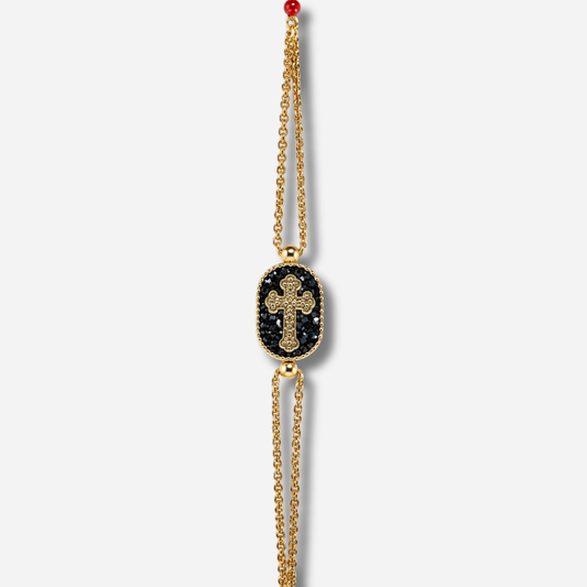 Bracelet Santa Giulia Croix Noir Amadrina Corse avec croix dorée, paillettes noires et double chaîne dorée
