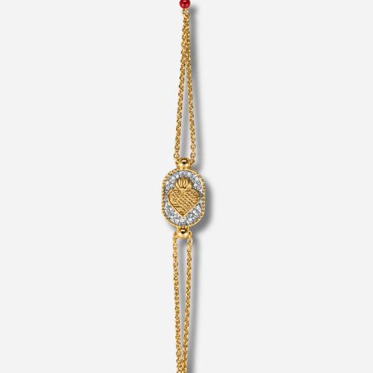 Bracelet Santa Giulia Ex-Voto Argent Amadrina en acier inoxydable doré à l'or fin 18K avec Ex-Voto doré, pavage de paillettes argentées et perle de corail naturelle