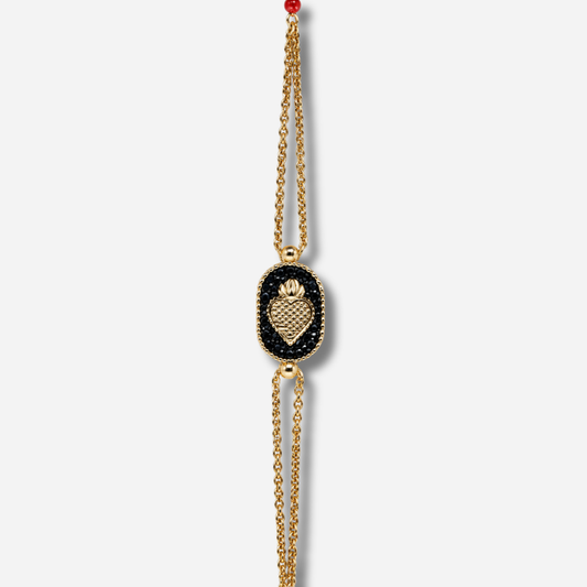 Bracelet Santa Giulia Ex-Voto Noir Amadrina Corse avec cœur doré, paillettes noires et double chaîne dorée
