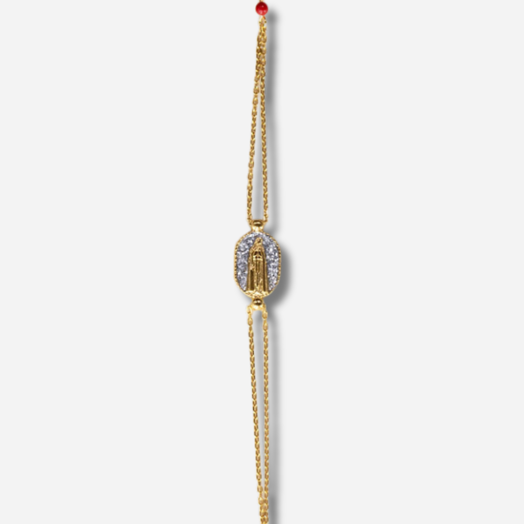 Bracelet Santa Giulia Madone Argent Amadrina en acier inoxydable doré à l'or fin 18K avec Madone dorée, pavage de paillettes argentées et perle de corail naturelle