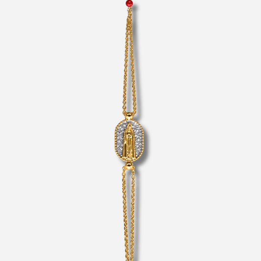 Bracelet Santa Giulia Madone Argent Amadrina en acier inoxydable doré à l'or fin 18K avec Madone dorée, pavage de paillettes argentées et perle de corail naturelle
