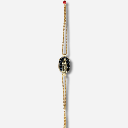 Bracelet Santa Giulia Madone Noir Amadrina Corse avec Madone dorée, paillettes noires et double chaîne dorée
