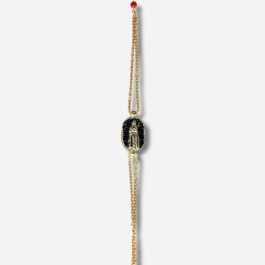 Bracelet Santa Giulia Madone Noir Amadrina Corse avec Madone dorée, paillettes noires et double chaîne dorée
