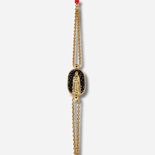 Bracelet Santa Giulia Madone Noir Amadrina Corse avec Madone dorée, paillettes noires et double chaîne dorée
