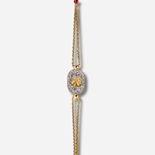 Bracelet Santa Giulia Trèfle Argent Amadrina Corse avec trèfle doré, paillettes argentées et double chaîne
