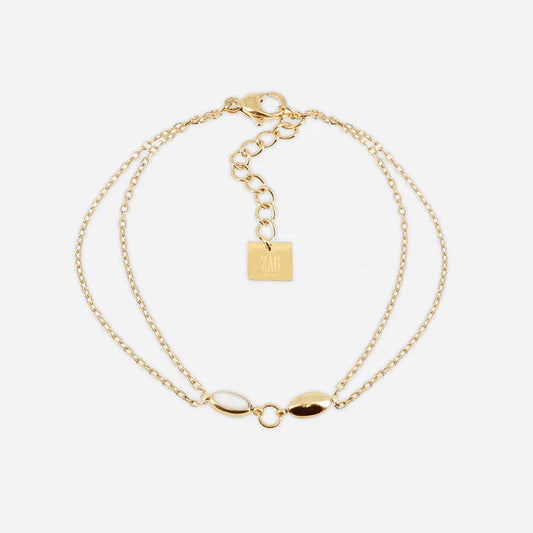 Bracelet Sesta ZAG en acier inoxydable doré avec double chaîne et motif ovale en nacre blanche