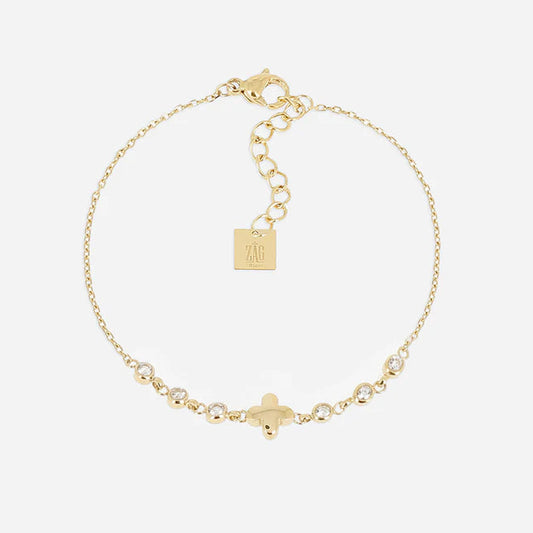 Bracelet Shanks ZAG en acier inoxydable doré avec trèfle central et zirconiums