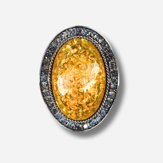 Broche bijou femme cabochon jaune ovale contour strass gris