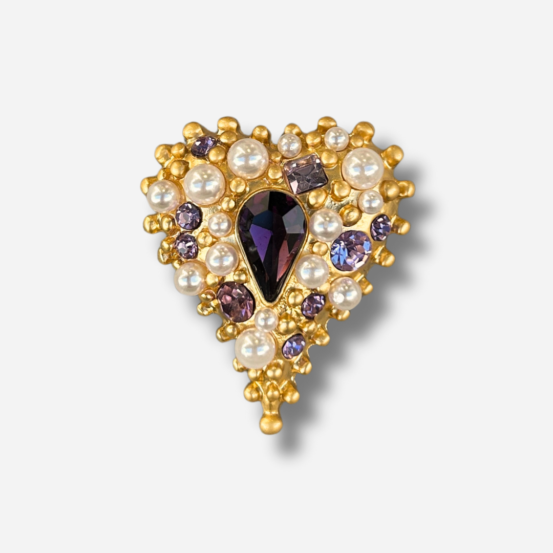Broche bijou femme cœur violet perles nacrées et pierres facettées