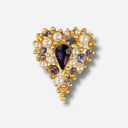 Broche bijou femme cœur violet perles nacrées et pierres facettées