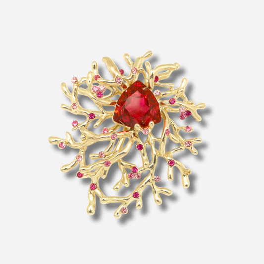 Broche bijou femme dorée esprit corail avec pierres roses