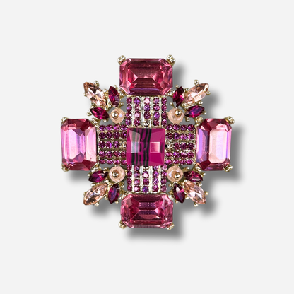 Broche bijou femme croix rose pierres facettées et cabochon central