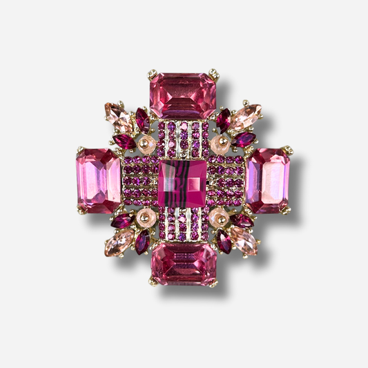 Broche bijou femme croix rose pierres facettées et cabochon central