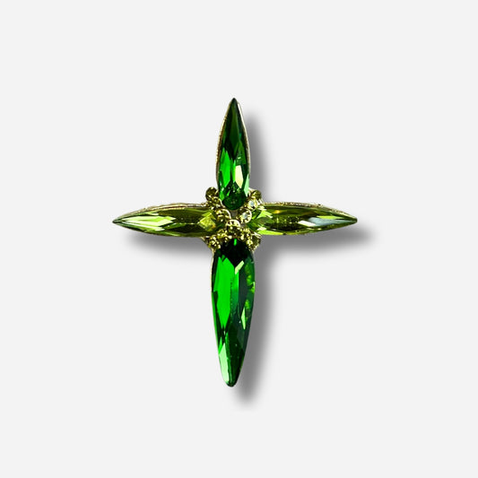 Broche bijou femme croix verte sertie de strass verts