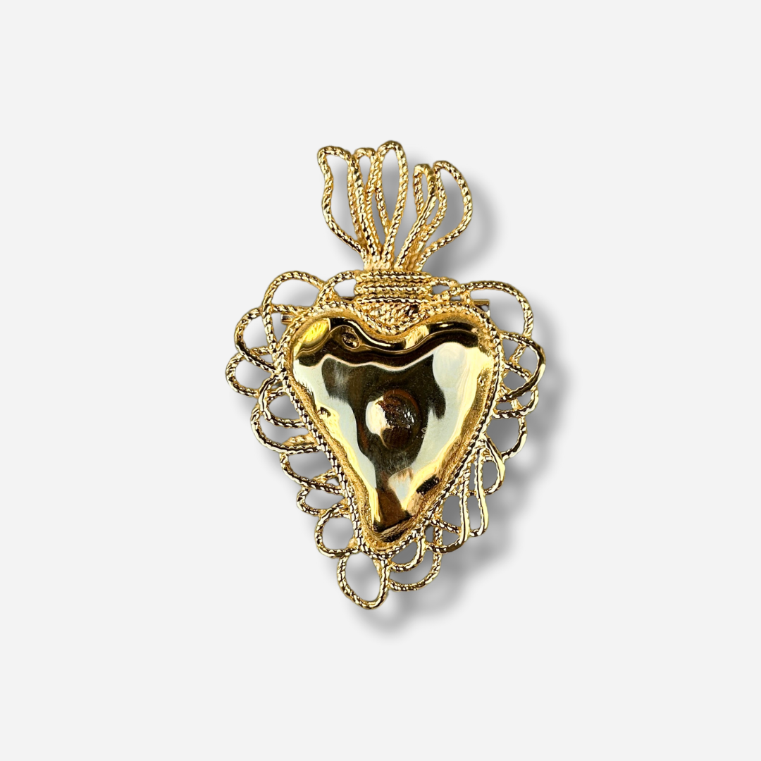 Broche bijou femme ex-voto doré en forme de cœur sacré