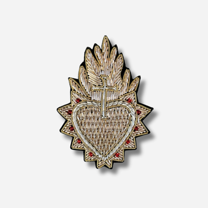 Broche bijou femme feu sacré cœur brodé