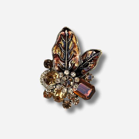 Broche bijou femme feuillage marron avec strass et pierres décoratives